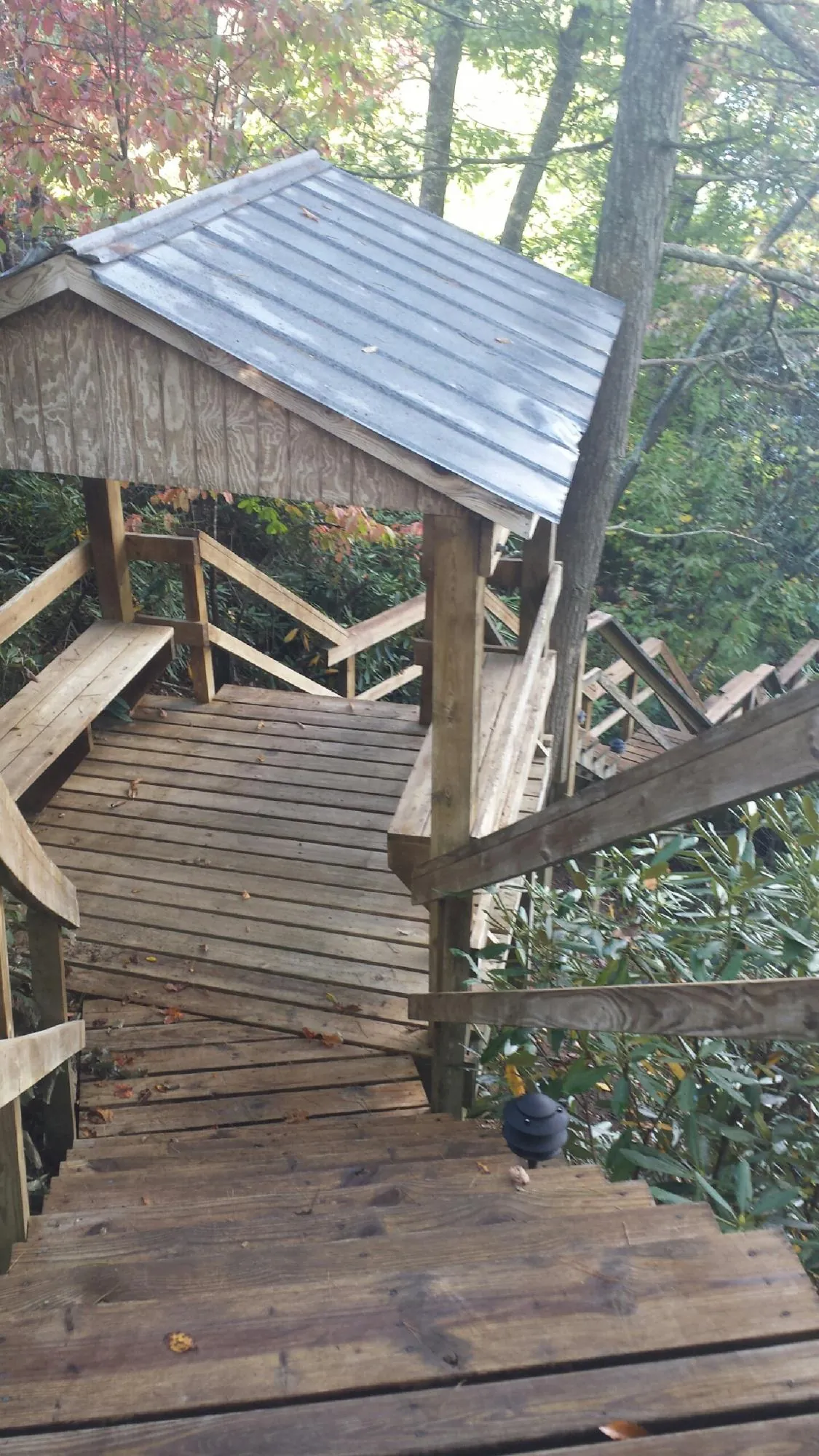 Metal roofed shelter over wooden steps on a wooded walkway — Skylight Repair & Installation work by our crew in Grayling